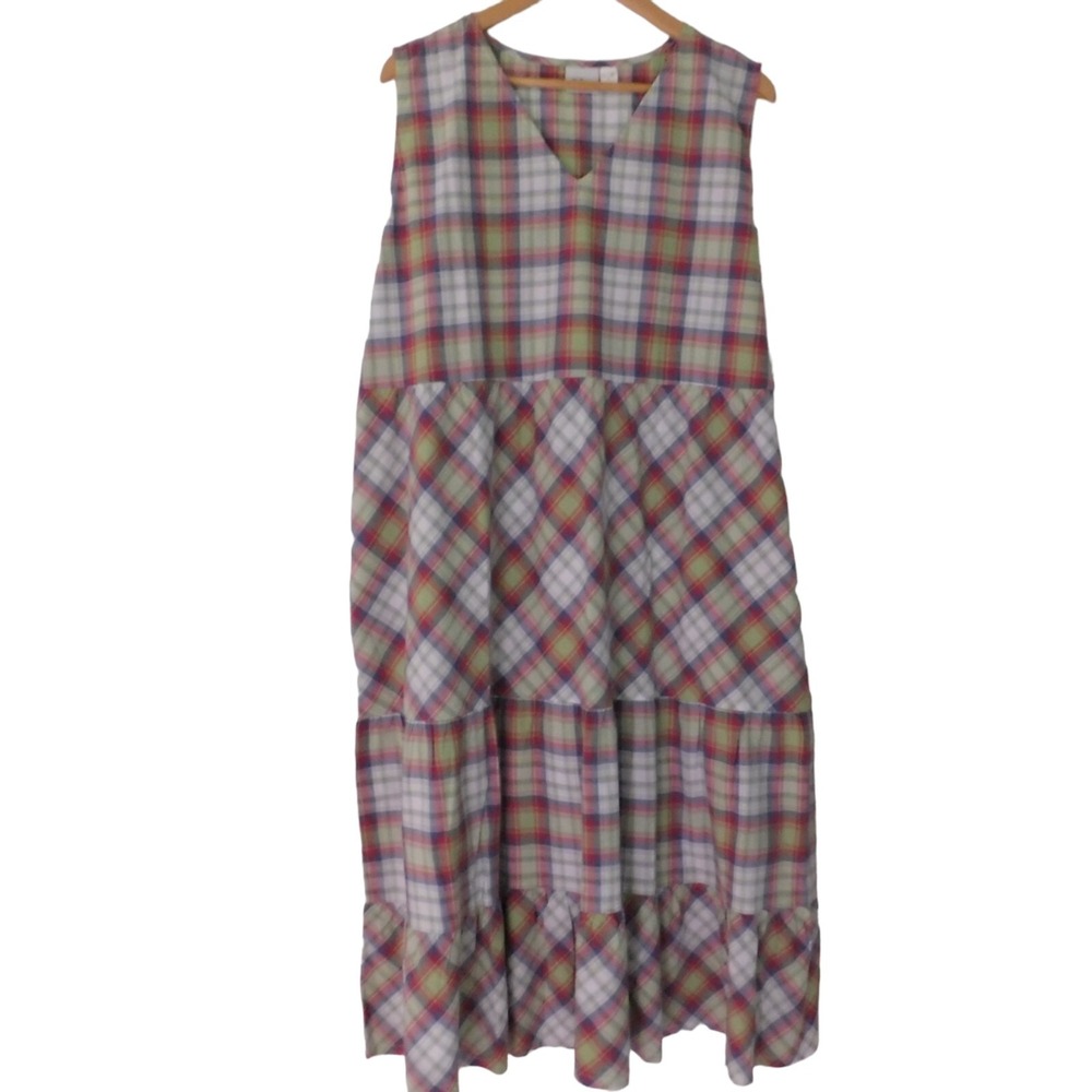 NEW Womens Dress Cotton Muumuu Patio‎ Dress Red Green Plaid Size XL Tiered Skirt - Picture 5 of 5